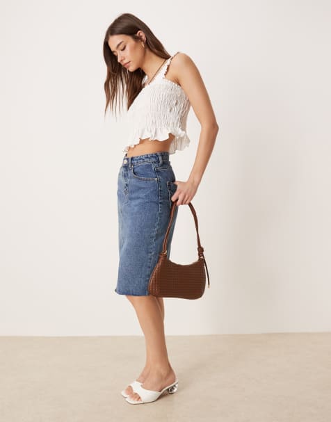 Glamorous denim midi skirt in mid stone