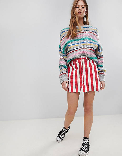 Glamorous Denim Mini Skirt In Contrast Stripe