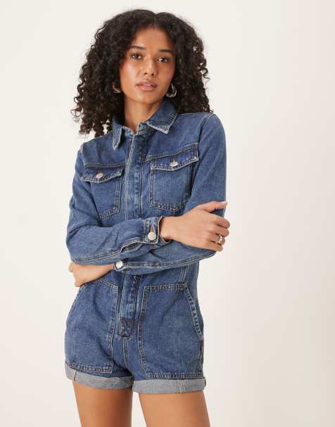 Glamorous Denim playsuit in mid stonewash - view 1