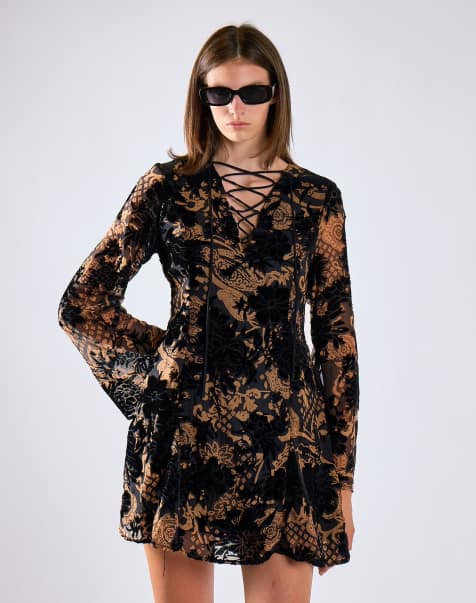 Glamorous Devore lace up front mini dress in black brown devore
