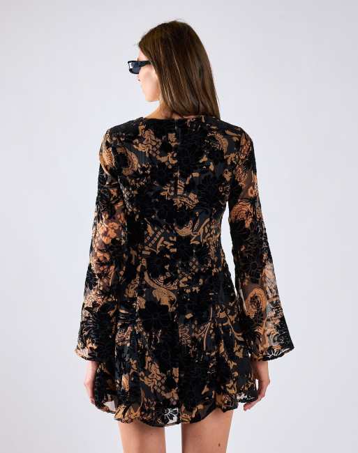Glamorous Devore lace up front mini dress in black brown devore, 3 of 4