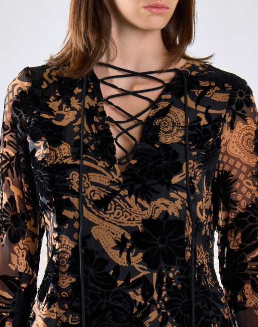 Glamorous Devore lace up front mini dress in black brown devore, 4 of 4