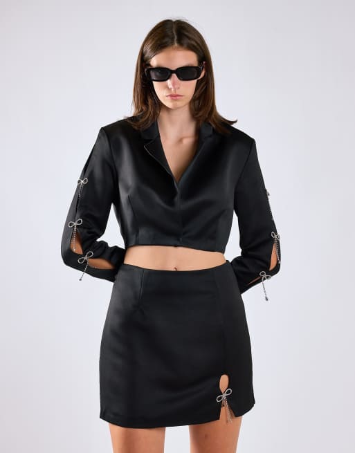 Glamorous Diamante bow crop-blazer in black sateen, 2 of 4