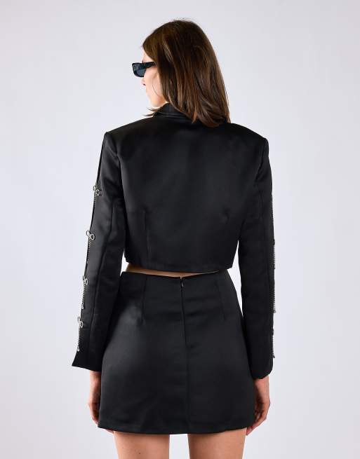 Glamorous Diamante bow crop-blazer in black sateen, 3 of 4