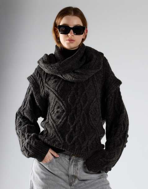 Glamorous Diamond knit sweater with integrated scarf in charcoal - view 1