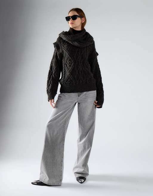 Glamorous Diamond knit sweater with integrated scarf in charcoal, 2 of 4