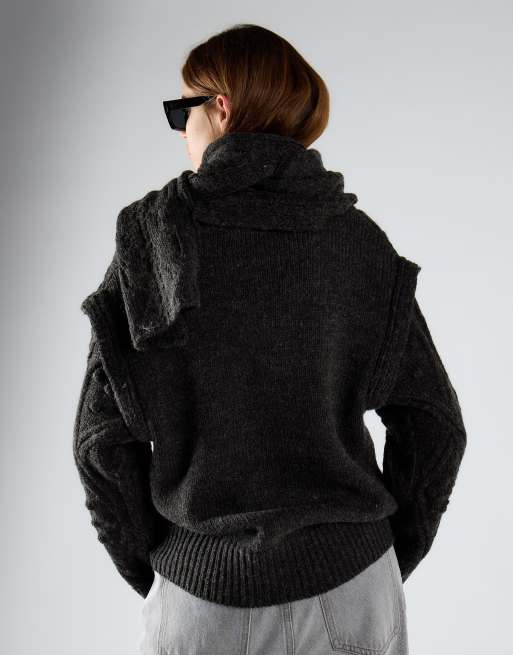 Glamorous Diamond knit sweater with integrated scarf in charcoal, 4 of 4