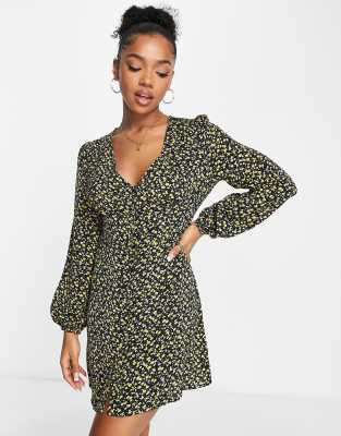 Glamorous ditsy print plunge mini dress in black and yellow ASOS
