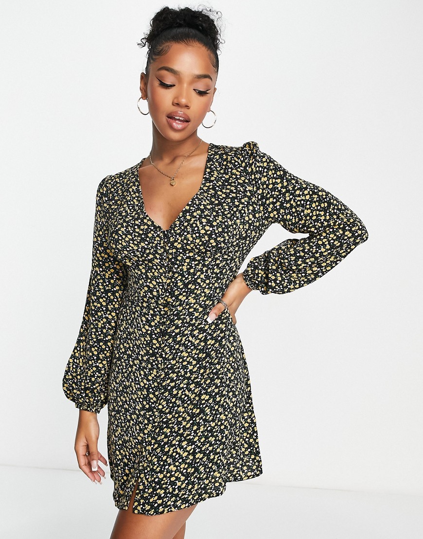 Glamorous ditsy print plunge mini dress in black and yellow