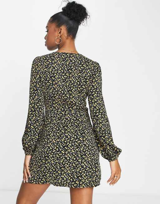 Glamorous Ditsy Print Plunge Mini Dress In Black And Yellow, 52% OFF