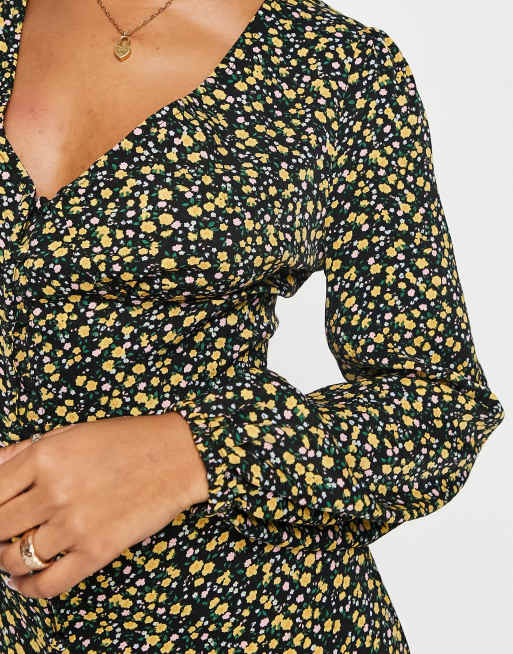 Glamorous ditsy print plunge mini dress in black and yellow