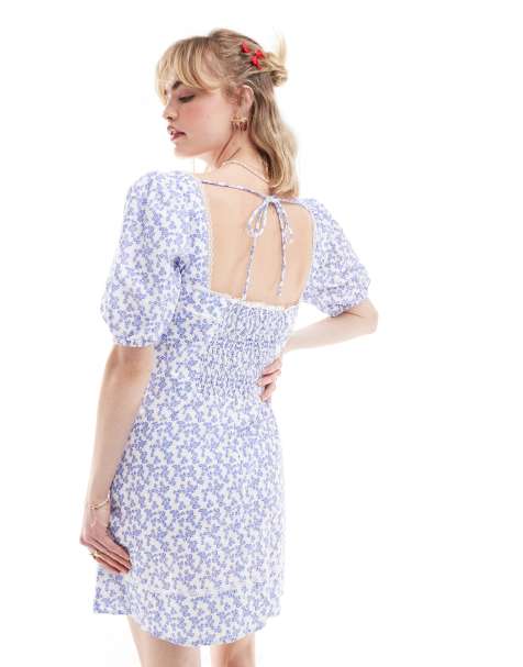 Glamorous ditsy print puff sleeve mini dress in blue - view 1