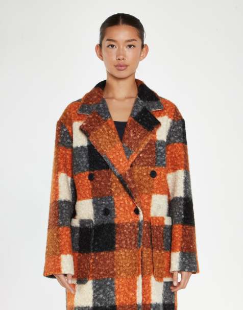 Glamorous Double-breasted midi coat in orange multi check - view 1