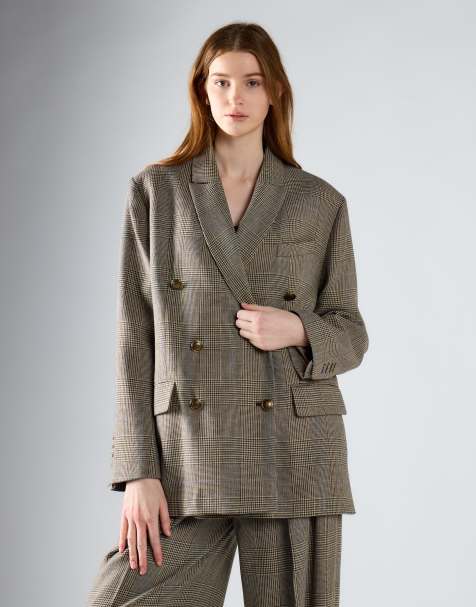 Glamorous Double-breasted tailored blazer in stone check - view 1