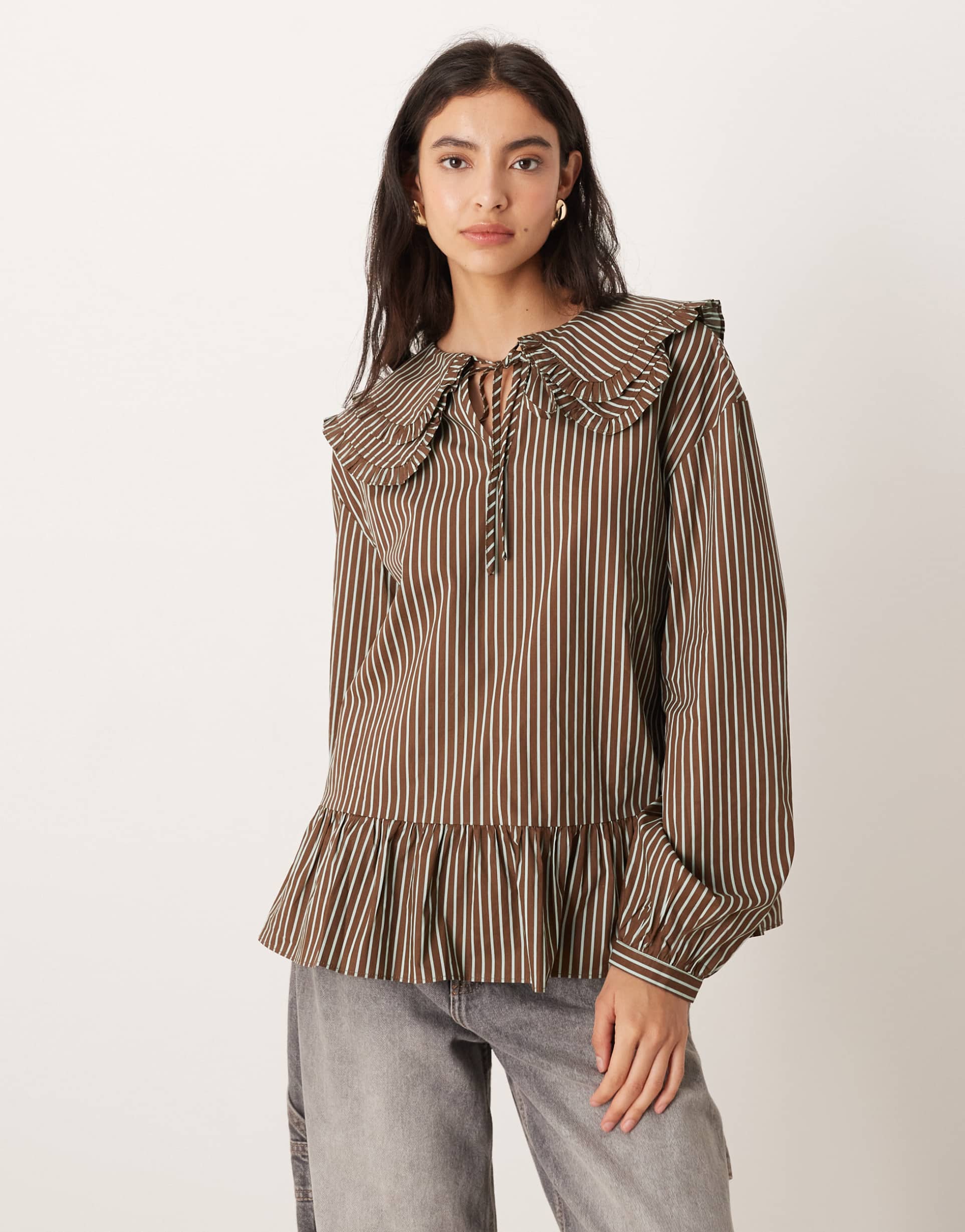 glamorous double dramatic collar blouse in brown and blue stripes