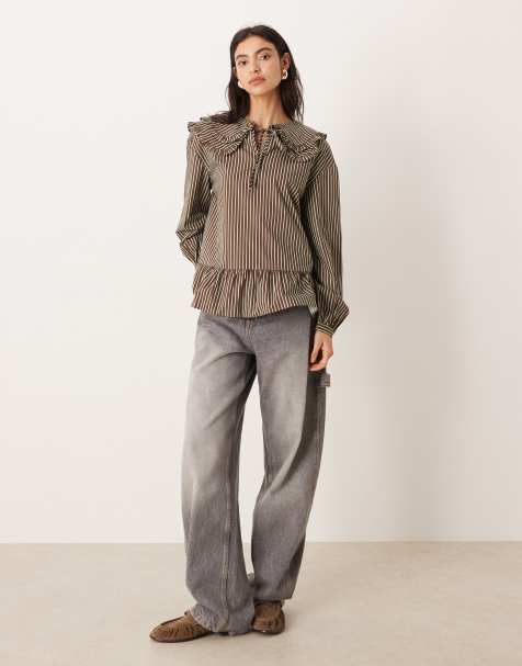 Glamorous double dramatic collar blouse in brown blue stripe