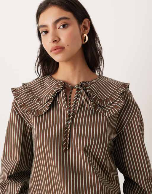 Glamorous double dramatic collar blouse in brown blue stripe | ASOS