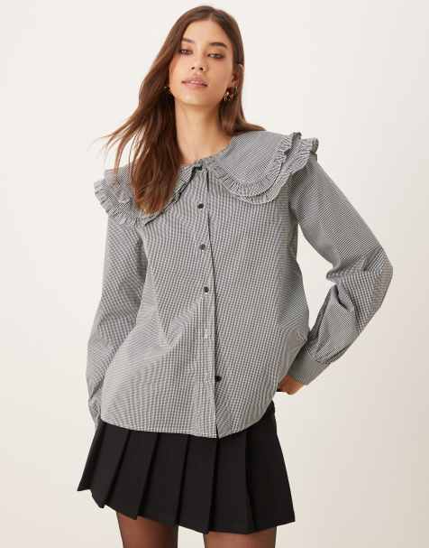 Glamorous double layer collar button down shirt in black white plaid - view 1