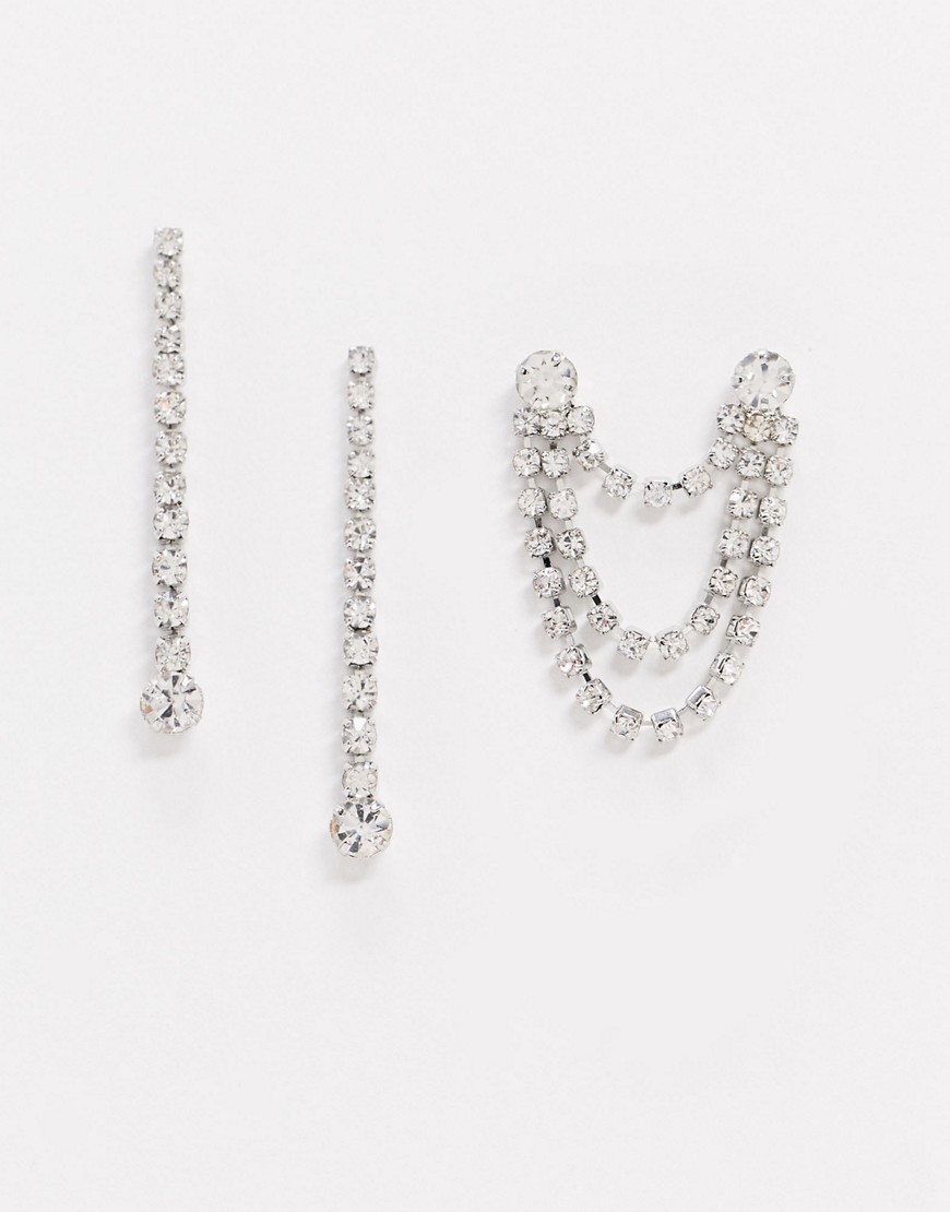 Glamorous Double Piercing Rhinestone Drape Earrings-silver