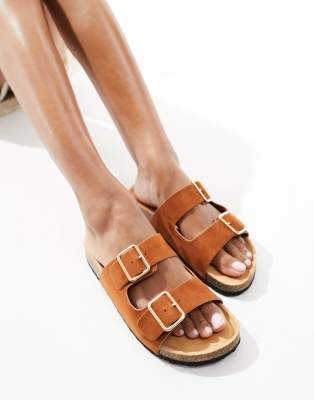 Glamorous Double Strap Footbed Sandals In Tan-brown