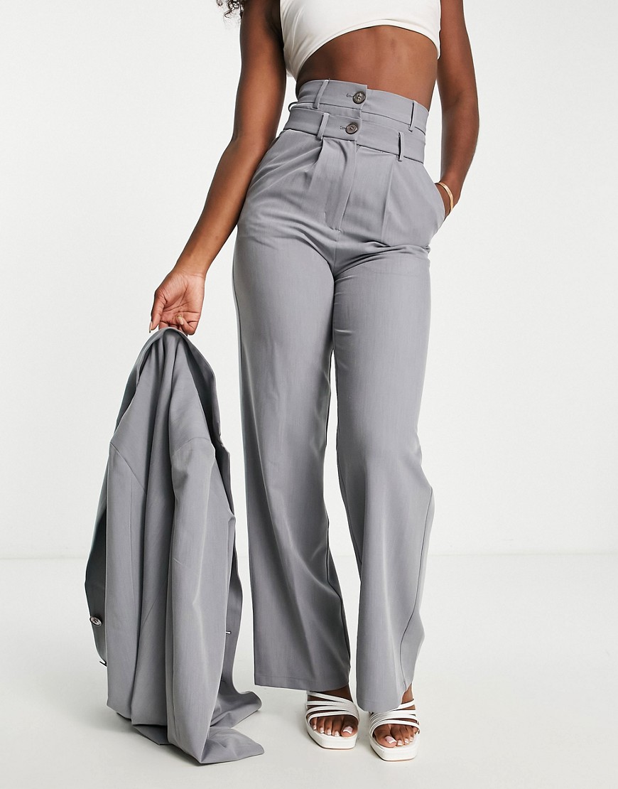 Glamorous double waist wide leg tailored pants in icy gray - part of a set