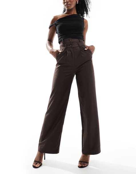 Glamorous Double waisted wide leg trousers in dark brown - view 1