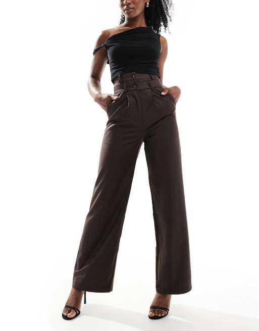 Glamorous Double waisted wide leg trousers in dark brown