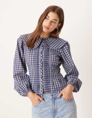 Glamorous dramatic collar sinched blouse in navy check | ASOS