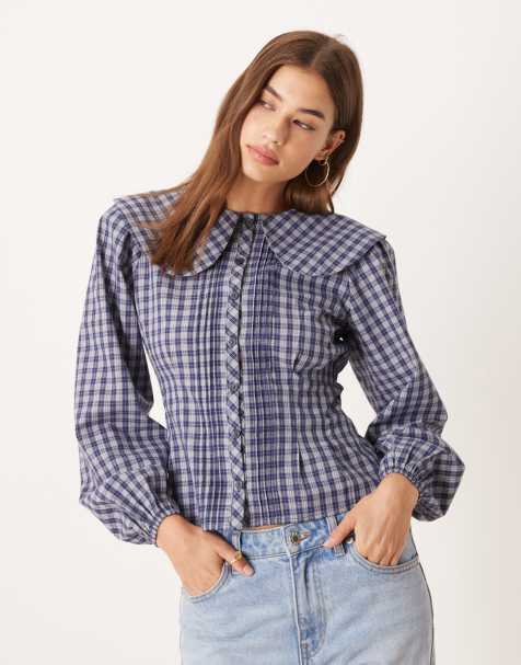 Glamorous dramatic collar sinched blouse in navy check - view 1