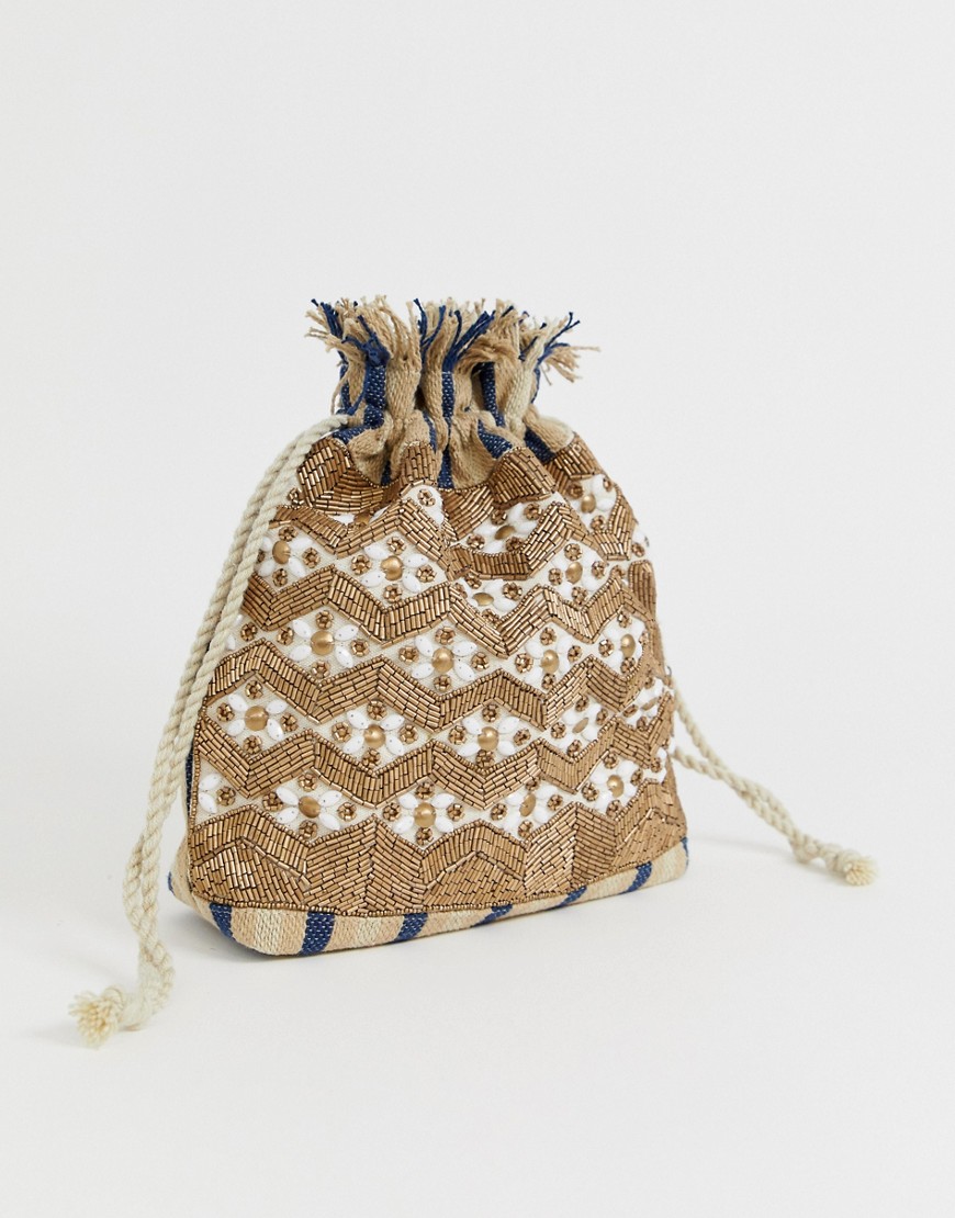 Glamorous drawstring ratten embellished woven pouch bag-Beige