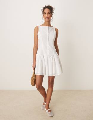 Glamorous Glamorous drop waist broderie mini dress in white