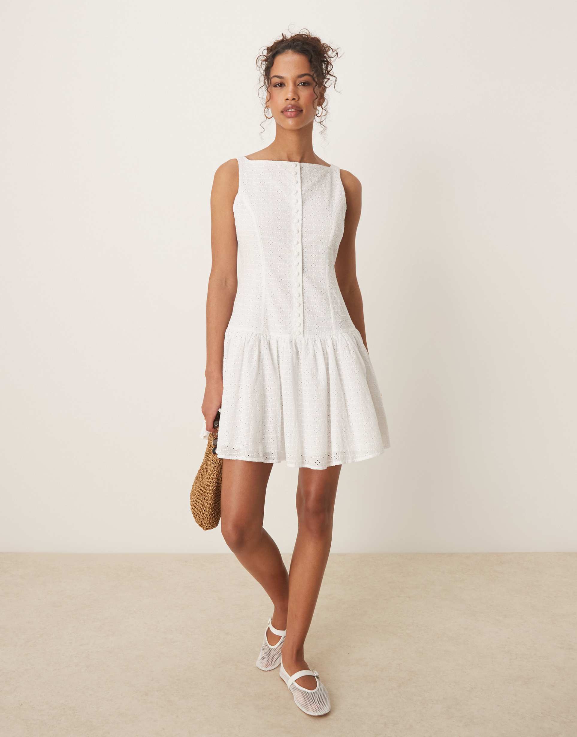 glamorous drop waist eyelet mini dress in white