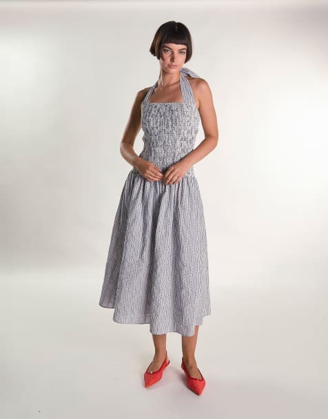 Glamorous Drop waist halter dress in cherry stripe
