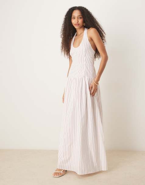 Glamorous Drop waist halterneck maxi dress in white red stripe - view 1