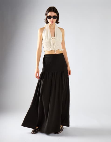 Glamorous Drop waist maxi skirt in black crinkle