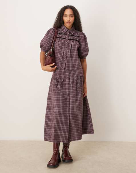 Glamorous drop waist maxi skirt in burgundy black white check co-ord