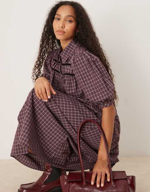 Glamorous drop waist maxi skirt in burgundy black white check co-ord, 4 of 4