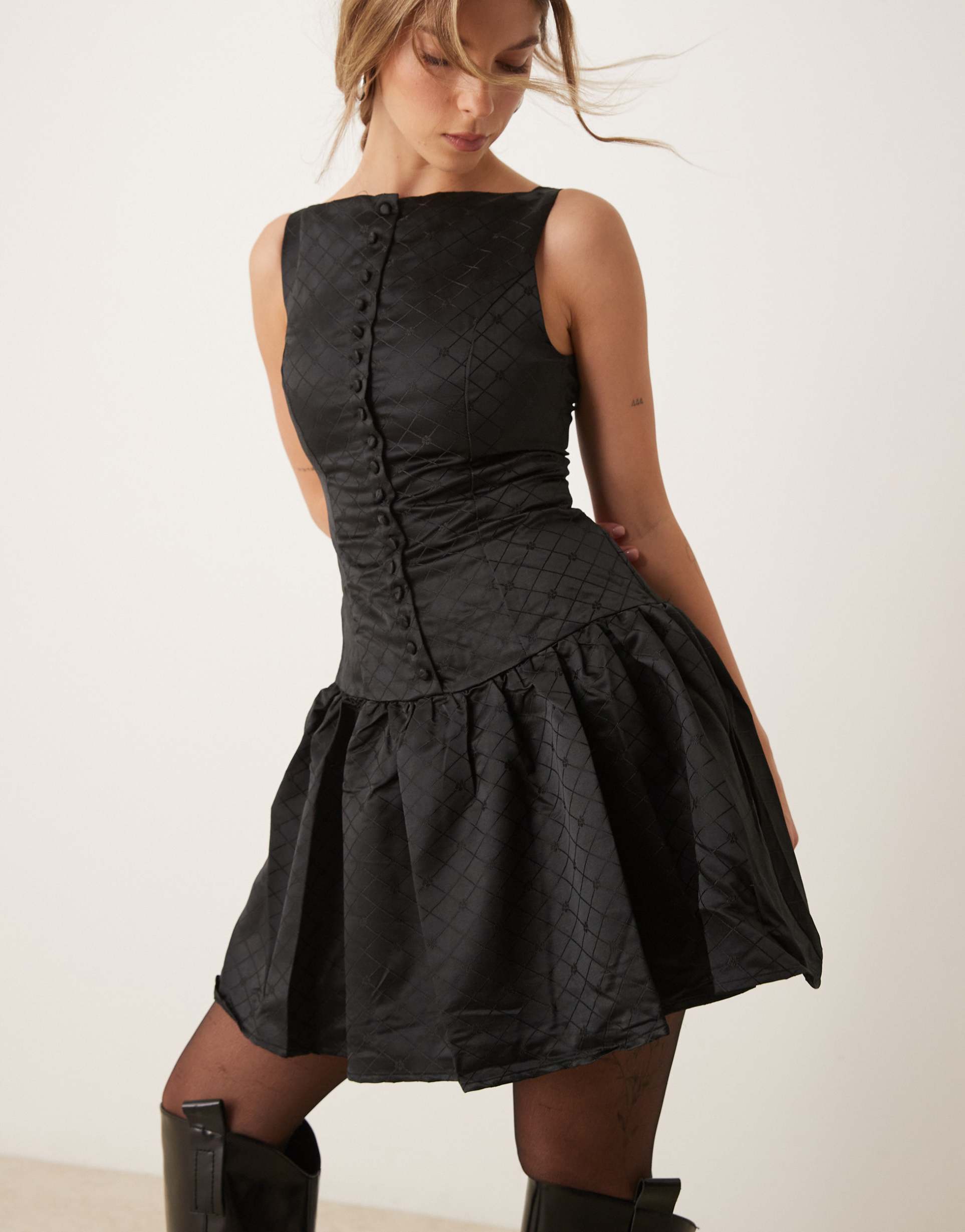 glamorous drop waist mini dress with boat neck in black