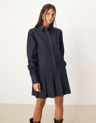 Glamorous Glamorous drop waist pleated mini denim dress in blue indigo