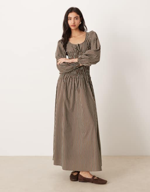 Glamorous drop waist shirred bodice maxi dress in brown blue stripe, 2 of 4