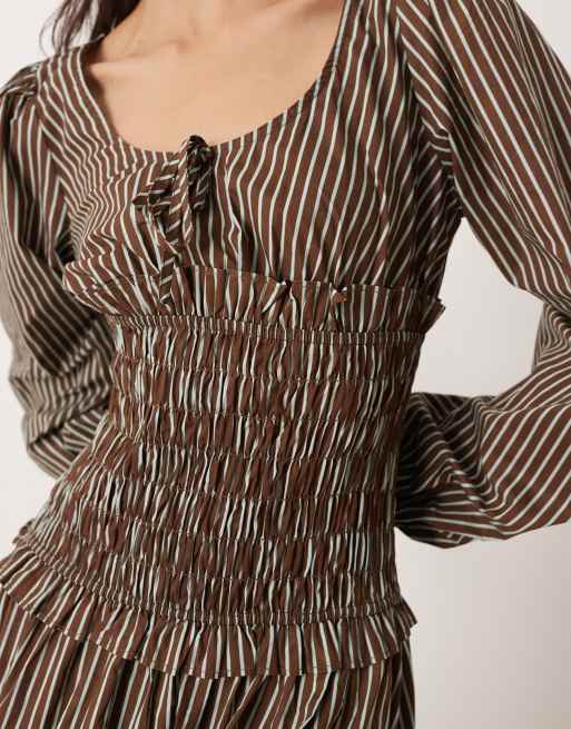 Glamorous drop waist shirred bodice maxi dress in brown blue stripe, 4 of 4