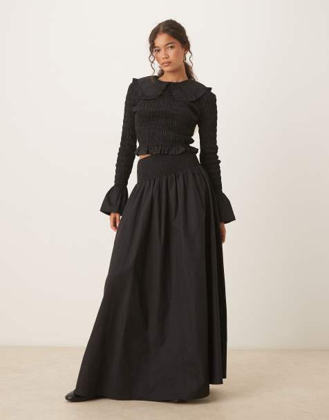 Glamorous drop waist shirred maxi skirt in black co-ord - view 1