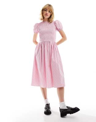 Glamorous Drop Waist Shirred Midi Dress In Pink Red Stripe