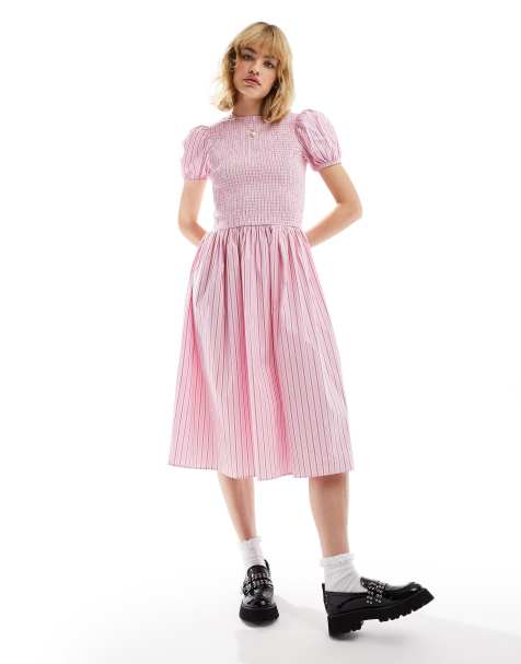 Glamorous drop waist shirred midi dress in pink red stripe - view 1
