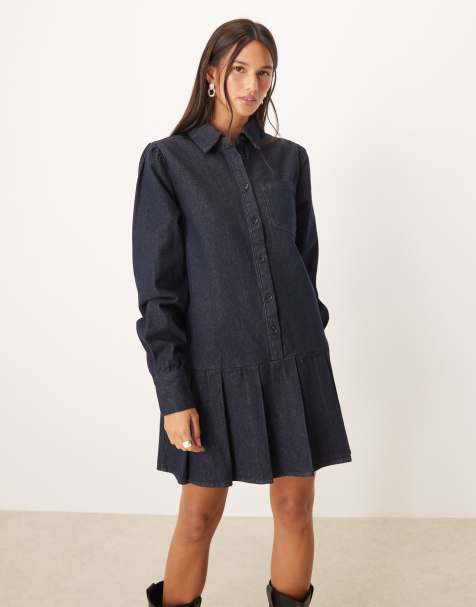 Glamorous dropped waist pleated mini denim dress in blue indigo - view 1
