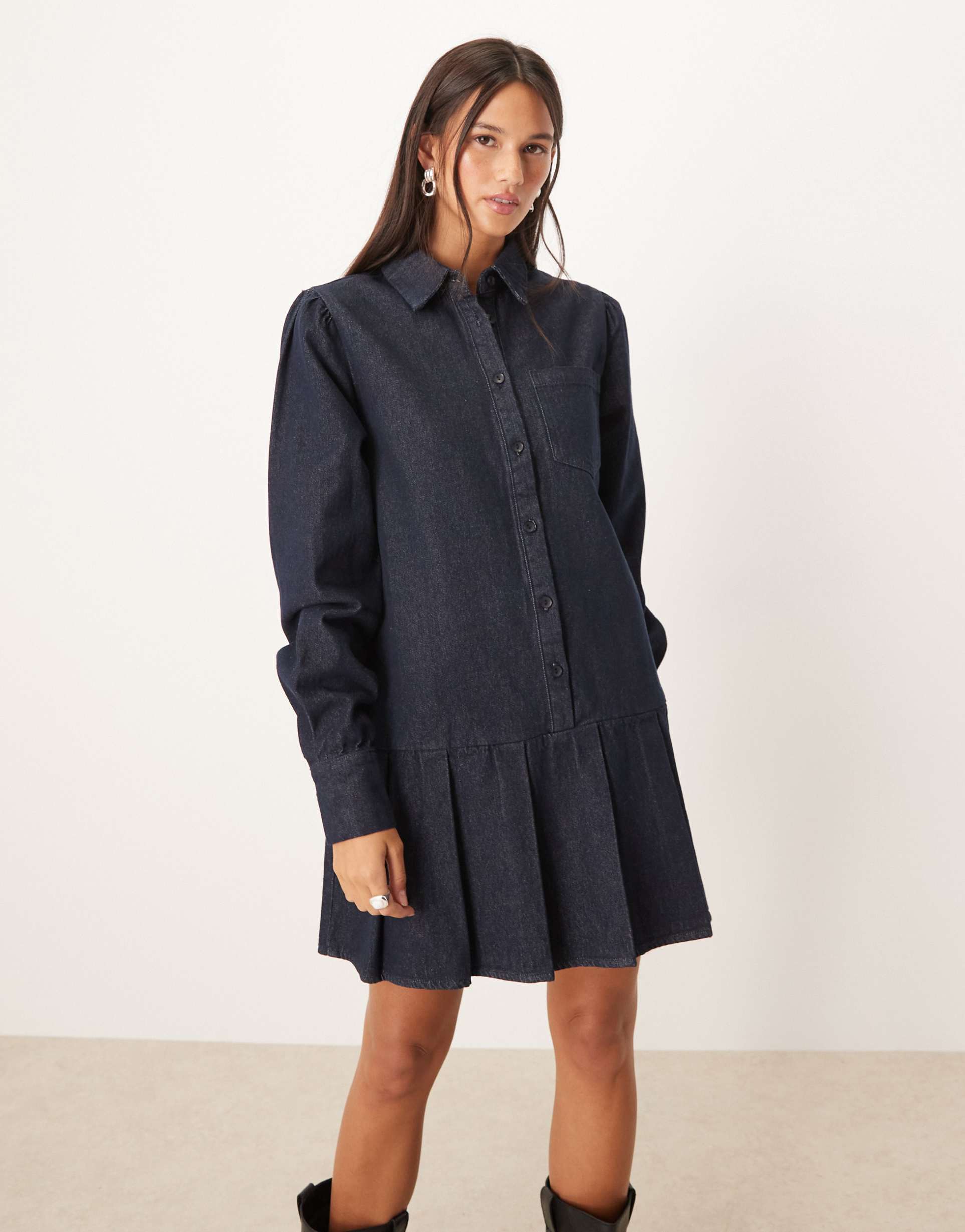 glamorous dropped waist pleated mini denim dress in blue indigo