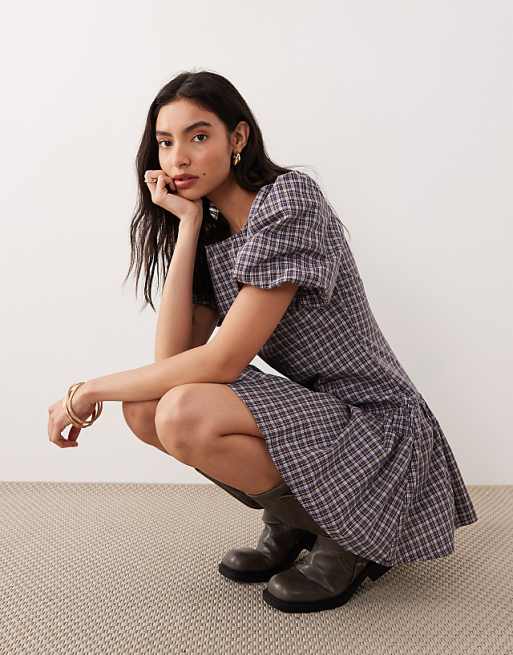 plaid drop waist dress Bge/Plaid / s Complete in a yellow check tailoring fabric Plaid Strapless Drop-Waist Mini Dress