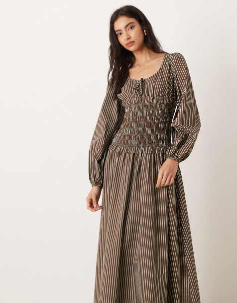 Glamorous dropped waist shirred bodice maxi dress in brown blue stripes - view 1