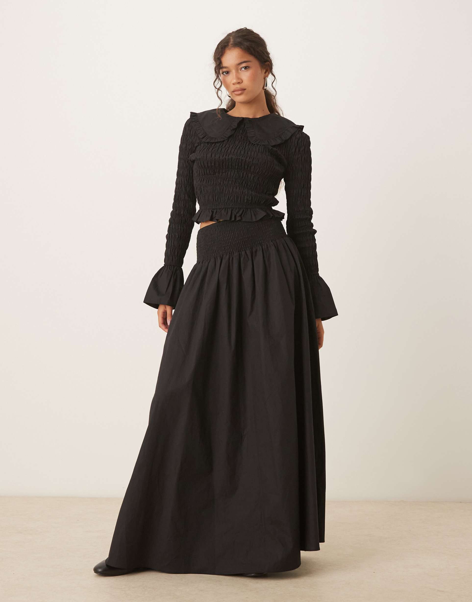 glamorous dropped waist shirred maxi skirt in black - part of a set