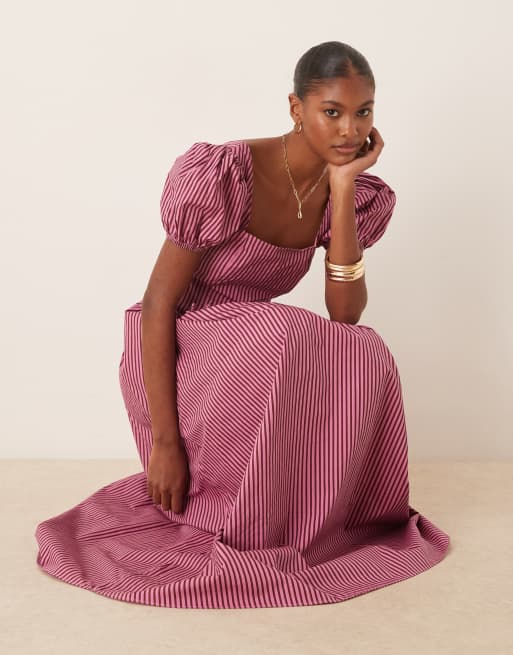 Glamorous dropped waist short sleeve poplin maxi dress in red and